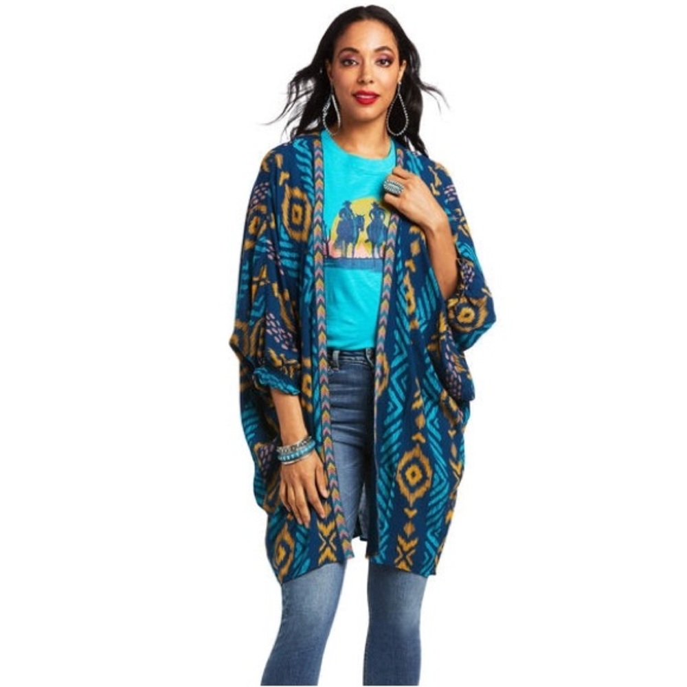 Ariat Ladies Ella Kimono Wrap Blue & Yellow Geometric Patterned Cardigan Western